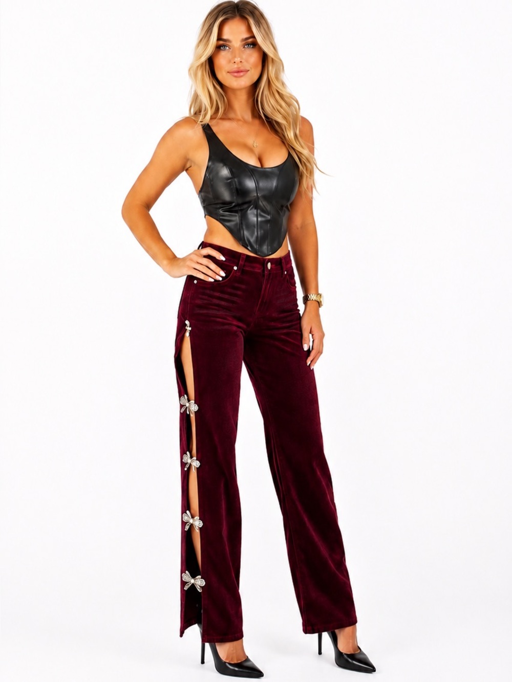 AKIRA Velvet Denim Embellished Cutout Pants – Red – NWT